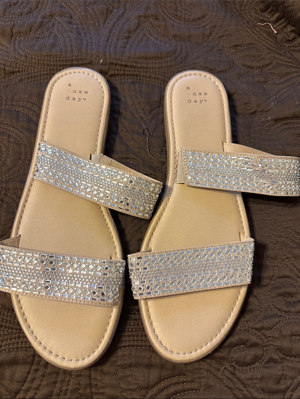 a new day Champagne Beige Slide Sandals with Rhinestone Straps